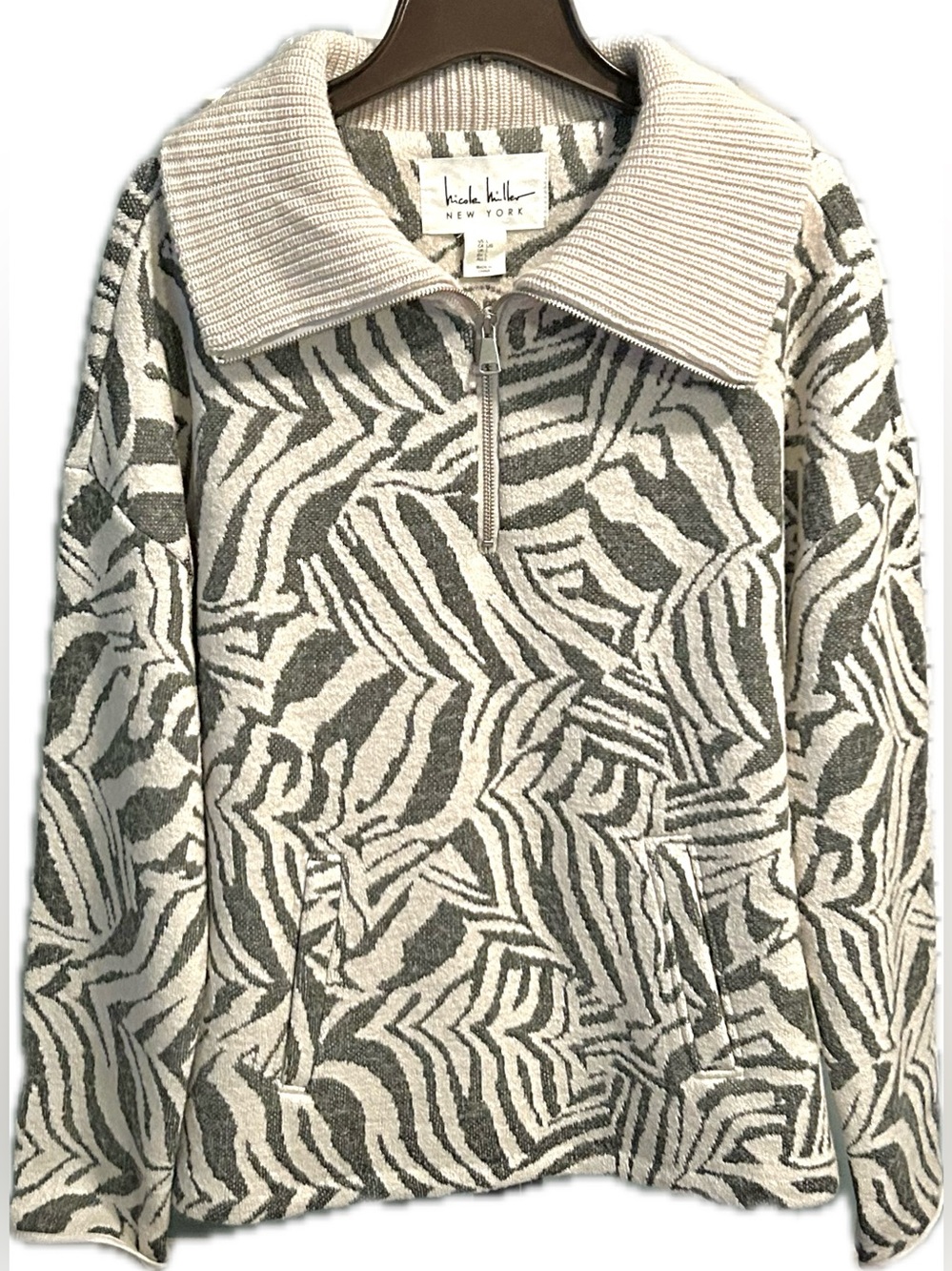 Nicole Miller NY 1/4 Zip Wing Collar Turtleneck Zebra Print Sweater Women’s L